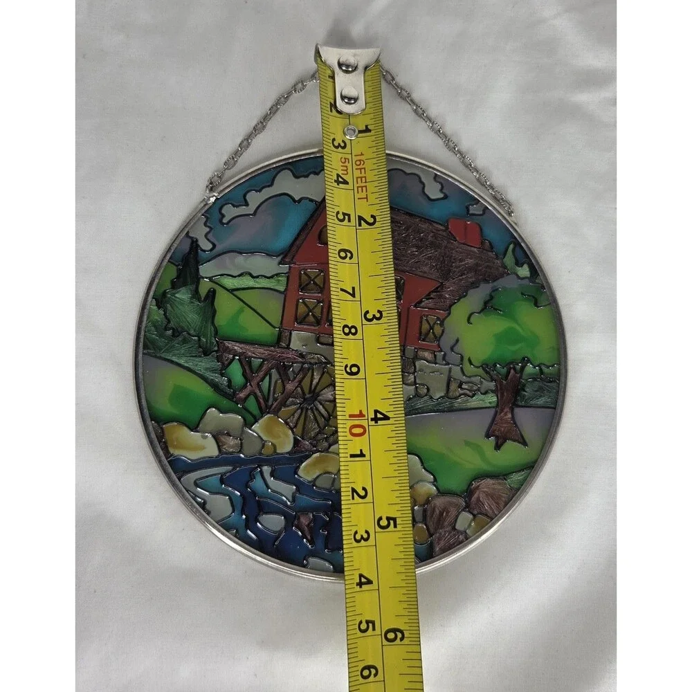 Vtg Handmade Stained Glass Sun Catcher Old Mill Water Wheel Tree 4.5